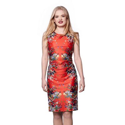 Red cascading floral mirrored jersey dress